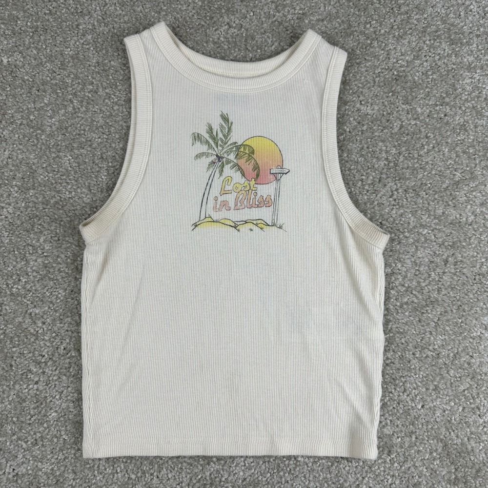 Hollister Lost in Bliss Graphic Ribbed Tank Top Small Cream Cotton Beachy Crop *